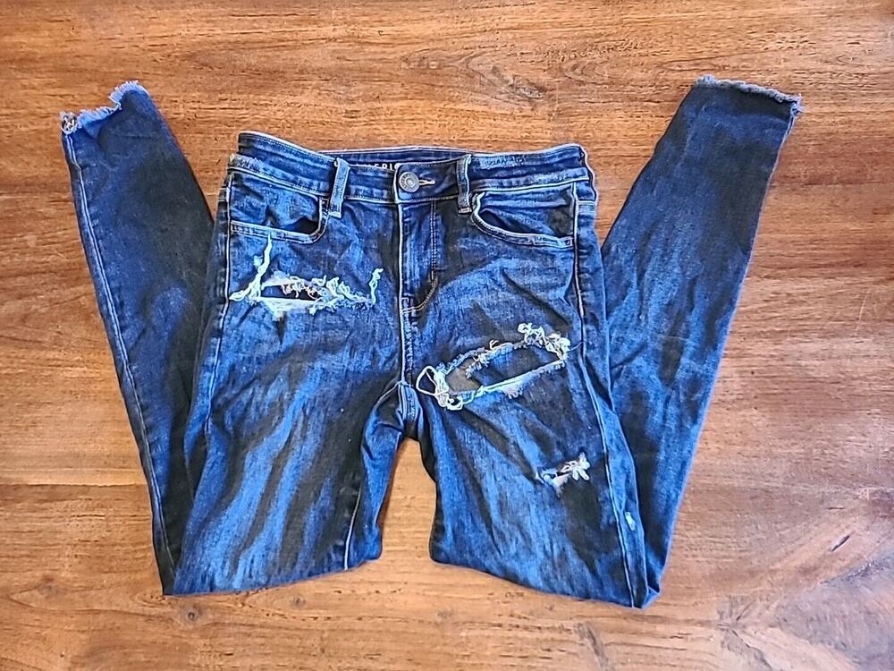 American Eagle Jeans Womens Size 4 Long Blue Stretch High Waist Skinny Distress